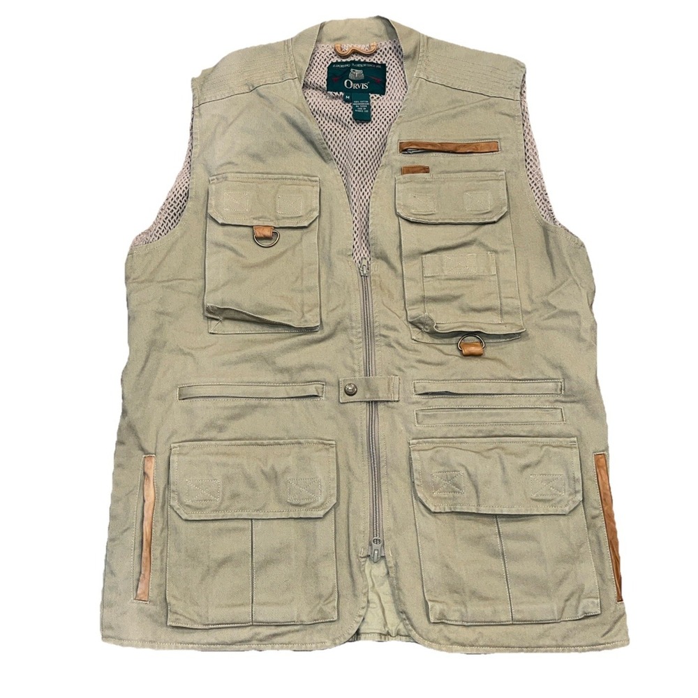 Orvis VTG Utility Fishing‎ Vest Waistcoat Safari 100% Cotton Leather Trim M